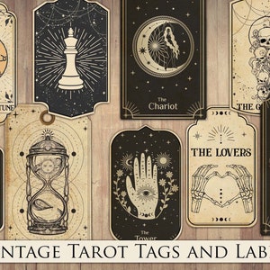 May include: Vintage tarot card tags and labels with illustrations of the Wheel of Fortune, The Chariot, The Lovers, The Tower, The Sun, and other tarot card symbols.