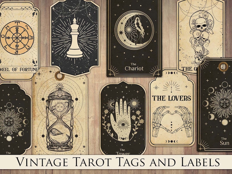 May include: Vintage tarot card tags and labels with illustrations of the Wheel of Fortune, The Chariot, The Lovers, The Tower, The Sun, and other tarot card symbols.