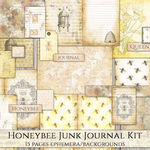 Printable Junk Journal Kit, Honigbiene, Vintage Bee, Ephemera, Fussy Cut, Postkarten, Shabby Verschönerung, Karte, Tags und Etiketten, Download