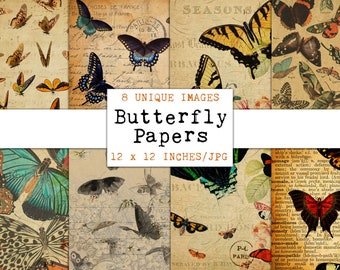 Printable Butterfly Collage Paper, Vintage Scrapbook Kit, Junk Journal Ephemera, Fussy Cut, Embellishment, Instant Download