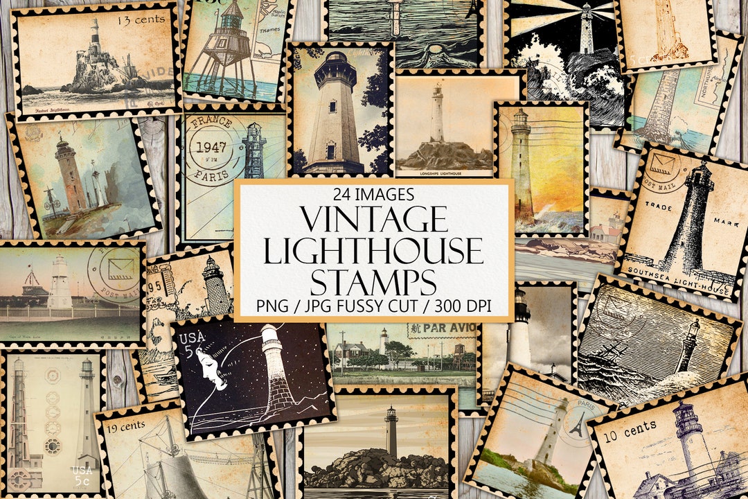 Printable Lighthouse Stamps, Vintage Ephemera, Fussy Cut, Sticker Sheet ...