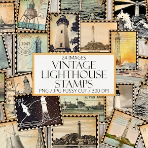 May include: A collection of 24 vintage lighthouse stamps, each featuring a different lighthouse design. The stamps are in various colors and styles, with some featuring text such as "13 cents", "France 1947 Paris", and "Southsea Lighthouse".