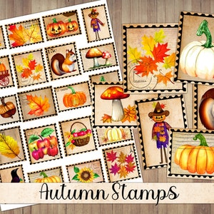 Sellos de otoño imprimibles, efímera de otoño vintage, corte quisquilloso, hoja de pegatinas, suministros de diario basura, imágenes prediseñadas de sello de calabaza, descarga instantánea