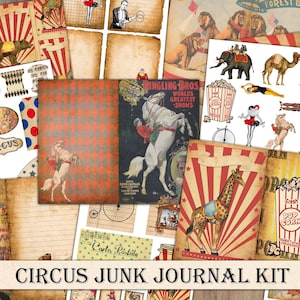 Kit de diário de circo vintage, carnaval antigo, kit de scrapbook, páginas de diário, itens efêmeros, corte exigente, grande tenda, kit de artesanato para impressão