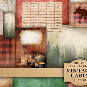Printable Junk Journal Kit, Vintage Cabin Grunge, Autumn Craft Kit, Grunge Scrapbook, Ephemera, Fussy Cut, Instant Download, Digital