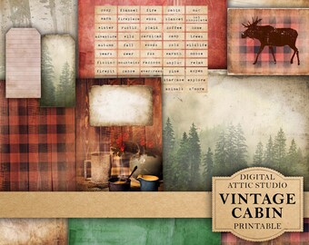 Op de afbeelding: Digitale printbare papieren met een vintage-thema van een hut. De papieren hebben een rood-zwart ruitpatroon, een boslandschap en een eland-silhouet. De papieren bevatten ook een lijst met woorden die gerelateerd zijn aan het hut-thema, zoals "gezellig", "open haard", "hout", "deken" en "chocolade".