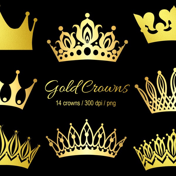 Gold Sparkle Crowns Clipart Pack, Royalty PNG, Metallic Tiara, King and Queen, Clip Art, Transparent Background, Commercial Use