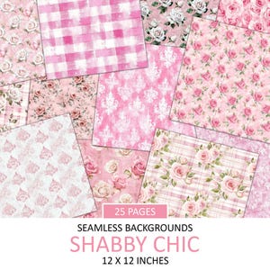 Motivi shabby chic in stile vintage, carte senza cuciture, album di ritagli di rose rosa, diario spazzatura, plaid, strisce, effimere floreali, download stampabile
