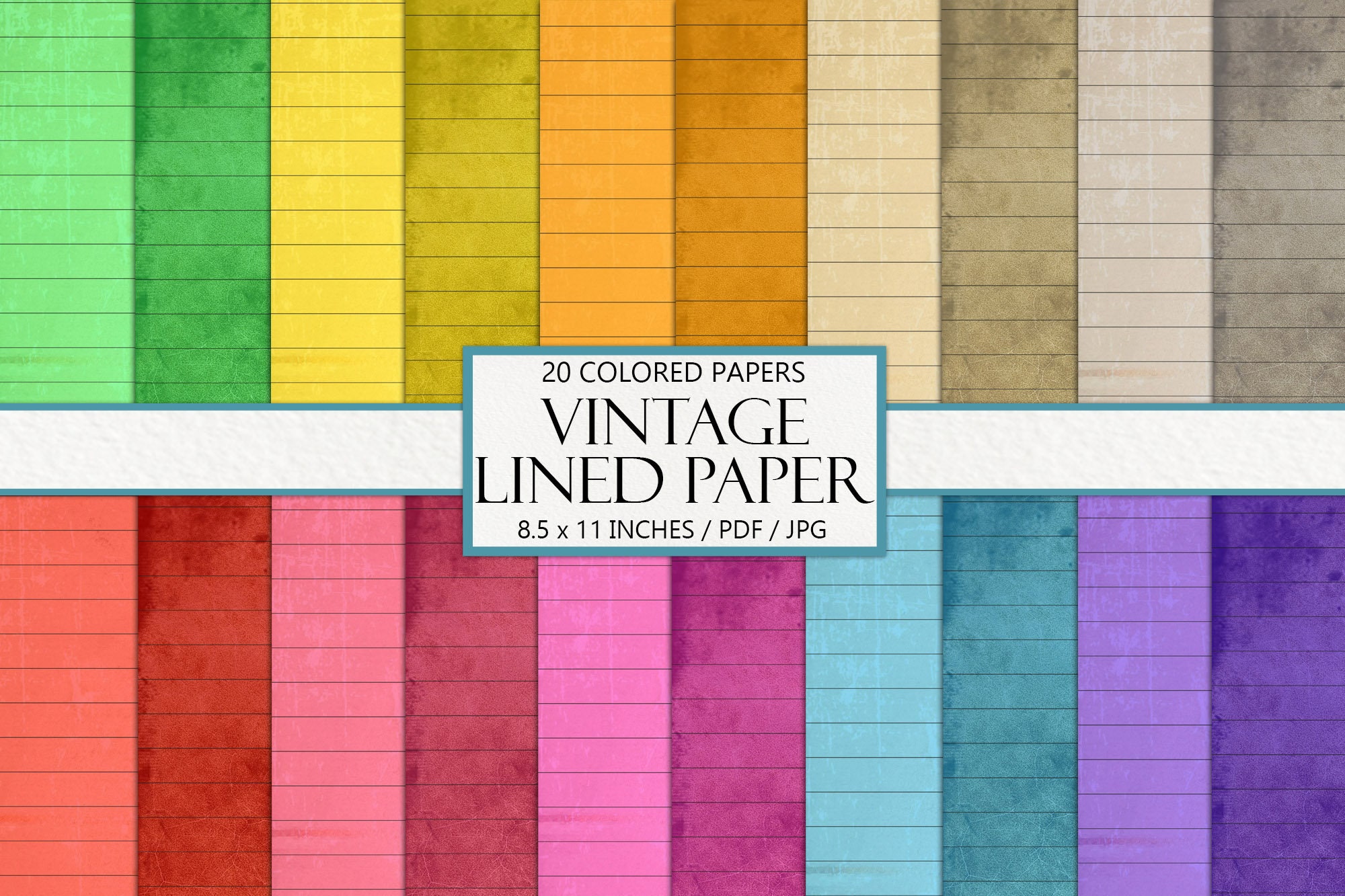 Digital Lined Journal Paper, Blank Sheets, Junk Journal Ephemera, Color, Antique, Old Paper, Scrapbook Background, Colorful, Printable