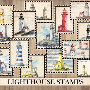 May include: A collection of vintage-style lighthouse stamps with various designs and colors. The stamps feature lighthouses in different styles, including striped, red, and white. Some stamps have a nautical theme with boats and waves. The stamps are perfect for scrapbooking, card making, and other craft projects.