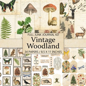 Forest Woodland Junk Journal Kit, Vintage Stil Natur Seiten, Ephemera, Woods Fussy Cut, Tier Sammelalbum, Flora Fauna, druckbares Bastelkit