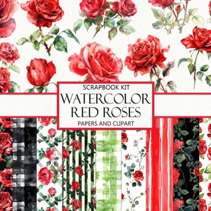 Watercolor Red Roses Scrapbook Kit, Junk Journal, Summer Floral Images, Ephemera, Clipart, Flower Seamless Papers, Wedding, Instant Download
