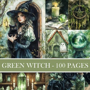 May include: A green witch with a black cat in her arms stands in a doorway. The image is a collage of various green and nature-themed images, including a candle, a crystal ball, a dreamcatcher, and a small house. The text "GREEN WITCH - 100 PAGES" is at the bottom of the image.