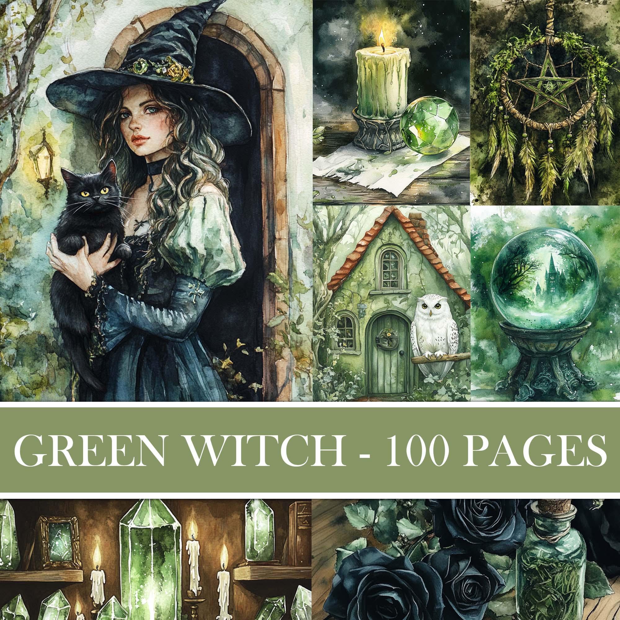 Vintage Forest Witch Background, Junk Journal Supplies, Green Wicca, Antique Collage Images, Scrapbook Paper, Printable, Pagan Download