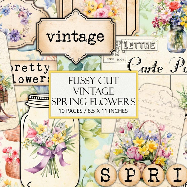 Printable Spring Flowers Ephemera Kit, Vintage Seasonal Fussy Cut, Junk Journal Supplies, Collage, Floral Antique, Bundle, Commercial Use