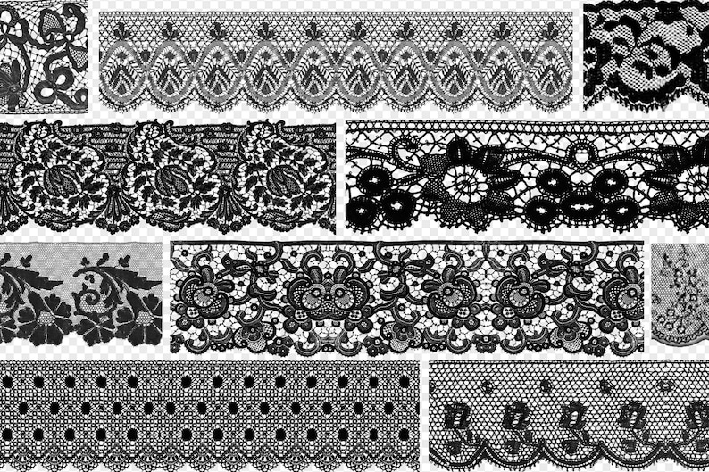 K&ouml;nnte beinhalten: Eine Sammlung schwarzer Spitzenborten mit verschiedenen Mustern, darunter florale und geometrische Designs. Die Spitzenborten sind in Reihen angeordnet und eignen sich perfekt, um jedem Projekt einen Hauch von Eleganz zu verleihen.