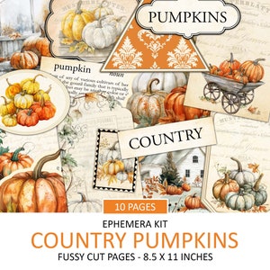 Kit di effimeri zucche di campagna, stile vintage autunno, estetica autunnale delle zucche, taglio elaborato, materiali per diari spazzatura, collage, stampabile