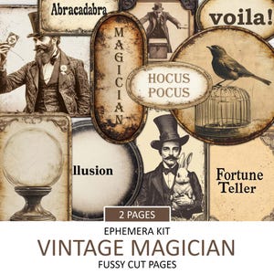 Kit éphémères d'étiquettes de magicien vintage, chutes de journaux imprimables, coupe magique magique, album, kit de collage Fortune, téléchargement immédiat