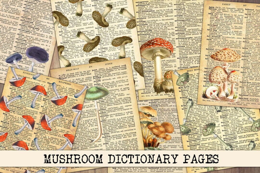 Digital Vintage Mushroom Dictionary Pages, Antique Fungus Ephemera