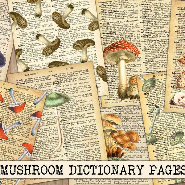 Digital Vintage Mushroom Dictionary Pages, Antique Fungus Ephemera, Scrapbook Kit, Mushroom Junk Journal, Printable, Instant Download