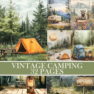 Sfondi vintage da campeggio, materiali per diari di scarto, immagini di foreste, collage di carta antica per album, escursioni, campeggio stampabile da scaricare