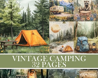 Peut inclure: Illustrations à l'aquarelle de scènes de camping vintage. L'image comprend une tente orange, une table de pique-nique, une caravane, un raton laveur, un sac à dos et une lanterne. Le texte dit "VINTAGE CAMPING 32 PAGES".