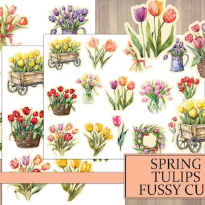 Aquarell Tulpen Pingelig Schnitt, Junk Journal Ephemera, Frühlingsblume, Scrapbook Verschönerung, Blumen Tulpe, Cut Sheet, printable Download