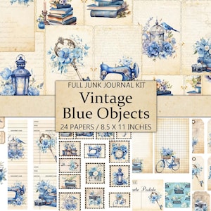 Vintage blauw item, antiek bloemenobject, ongewenste dagboekkit, dagboekpagina's, ephemera, kieskeurige snit, plakboekversiering, afdrukbare ambachtelijke kit