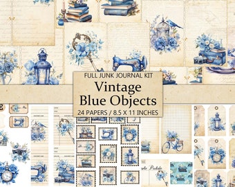 May include: A digital scrapbooking kit with 24 papers featuring vintage blue objects, including a sewing machine, a birdcage, a lantern, and a clock. The kit is 8.5 inches by 11 inches.