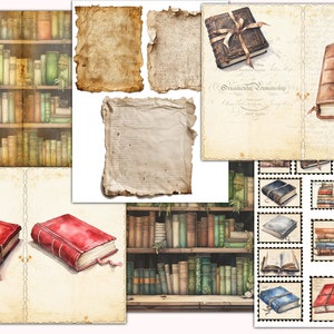May include: A digital paper pack with images of vintage books, book covers, and stacks of books. The paper pack includes images of old paper with torn edges, a book with a red cover and a ribbon, and a book with a brown leather cover. The paper pack also includes a sheet of stamps with images of books.