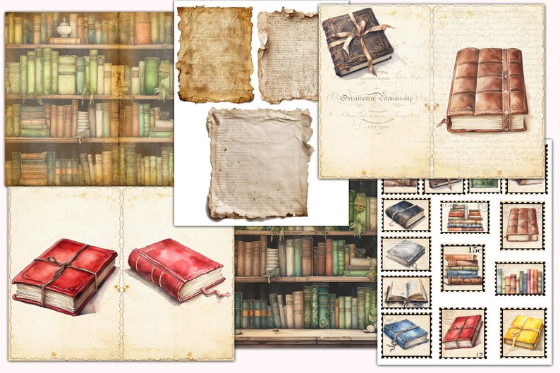 May include: A digital paper pack with images of vintage books, book covers, and stacks of books. The paper pack includes images of old paper with torn edges, a book with a red cover and a ribbon, and a book with a brown leather cover. The paper pack also includes a sheet of stamps with images of books.
