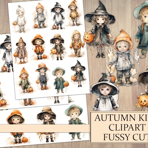 Watercolor Fall Kids Clipart, Junk Journal Ephemera, Autumn Images, Halloween, Fussy Cut, Scrapbook Embellishment, PNG Clip Art, Printable