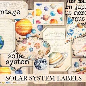 Étiquettes vintage du système solaire, documents éphémères de journal indésirable, cartes anciennes, images de planètes, espace extra-atmosphérique, embellissements d'albums, coupe soignée, téléchargement