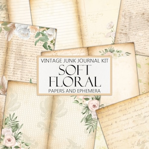 Soft Floral Junk Journal Kit, Vintage Handwriting, Light Tan, Journal Pages, Ephemera, Fussy Cut, White Flowers, Printable Craft Kit