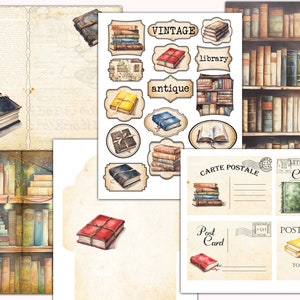 May include: A digital paper pack with vintage illustrations of books, book stacks, and book shelves. The pack includes labels with the words "vintage", "library", "antique", "carte postale", "post card", and "postcard".