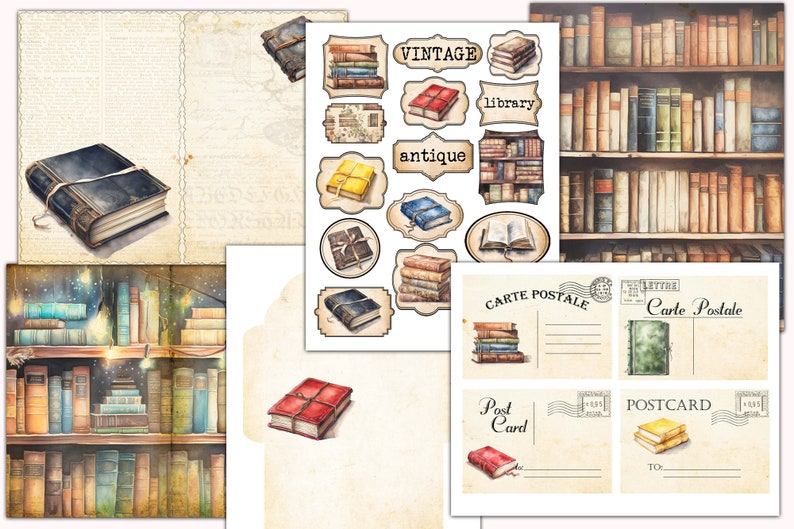 May include: A digital paper pack with vintage illustrations of books, book stacks, and book shelves. The pack includes labels with the words "vintage", "library", "antique", "carte postale", "post card", and "postcard".