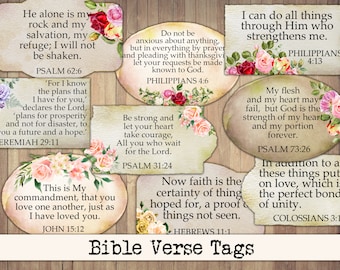 Bible Verse Floral Tags, Flower Verse Labels, Bible Word Scraps, Printable Junk Journal Ephemera, Vintage, Fussy Cut, Instant Download