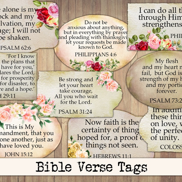 Bible Verse Floral Tags, Flower Verse Labels, Bible Word Scraps, Printable Junk Journal Ephemera, Vintage, Fussy Cut, Instant Download