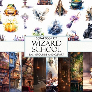 Pode incluir: Um kit de scrapbooking digital com ilustrações de aquarela sobre um tema de escola de magia. O kit inclui fundos, cliparts e imagens de um sapo, uma coruja, uma abóbora, uma chave, poções, um trem, um gato, um mago, uma vassoura, um castelo e muito mais.