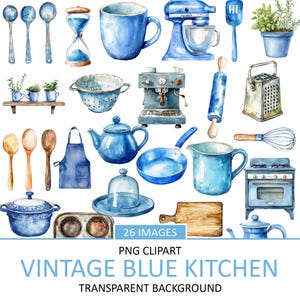 Puede incluir: Ilustración en acuarela de artículos de cocina azules vintage. Incluye una batidora, tetera, sartén, rodillo y otras herramientas de cocina. La imagen también presenta el texto "VINTAGE BLUE KITCHEN" y "26 IMAGES".