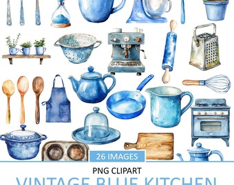 Watercolor Blue Kitchenware Clipart: Farmhouse Cooking Graphics (Digital Download)