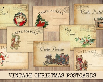 May include: Vintage Christmas postcards with images of Santa Claus, a Christmas tree, and a reindeer pulling a sleigh. The postcards are printed on aged paper with a distressed look. The text on the postcards reads "Post Card", "Carte Postale", and "Postcard".