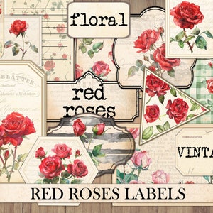 Vintage rote Rosen Etiketten: Junk Journal Ephemera (Digitaler Download)