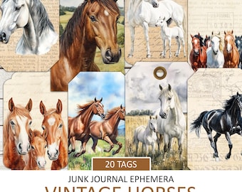May include: 20 printable tags featuring vintage horse illustrations. The tags are 8.5 x 11 inches and are designed for fussy cutting. The images include brown, white, and black horses in various poses, including running, standing, and with their foals.