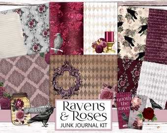 Ravens and Roses, Junk Journal Kit, Burgundy Rose, Black Bird, Goth Journal, Ephemera, Fussy Cut, Scrapbook Embellishment, Instant Download
