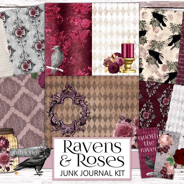 Ravens and Roses, Junk Journal Kit, Burgundy Rose, Black Bird, Goth Journal, Ephemera, Fussy Cut, Scrapbook Embellishment, Instant Download