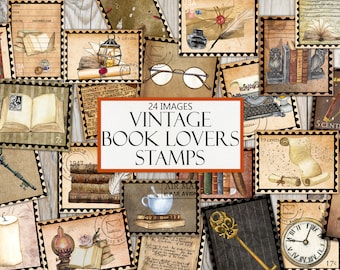 Printable Book Lovers Stamps, Vintage Ephemera, Fussy Cut, Sticker Sheet, Junk Journal Supplies, Library Clipart, Digital Scrapbook, Collage