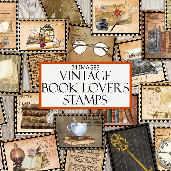 Printable Book Lovers Stamps, Vintage Ephemera, Fussy Cut, Sticker Sheet, Junk Journal Supplies, Library Clipart, Digital Scrapbook, Collage