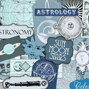 Blauwe astronomie Ephemera Kit, Vintage Celestial, Kieskeurig Cut, Junk Journal Supplies, Collage, Maan, Sterren, Antieke Stickers, Commercieel Gebruik