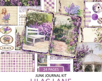 May include: A collection of lilac-themed papers and ephemera for junk journals. The design includes images of lilac flowers, a white bench, a brick pathway, and a gazebo. The text reads "Lilac Lane" and "24 Pages".